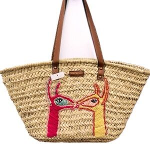 ✈️🍹 NWT KURT GEIGER Big Wicker Tote Bag | Kissing Llamas Pink Yellow Travel Luxe